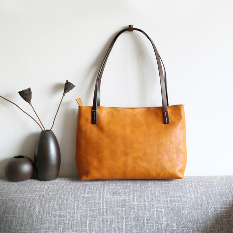 HandmadeVegetableTannedLeatherToteBagShoppingLeatherBagVintageWomanLeatherShoulderBagLargeWorkToteBag_1