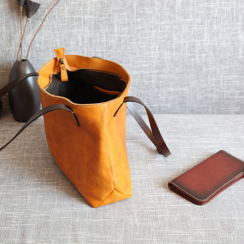 Handmade Vegetable Tanned Leather Tote Bag Leather Shopping Bag - Image 8