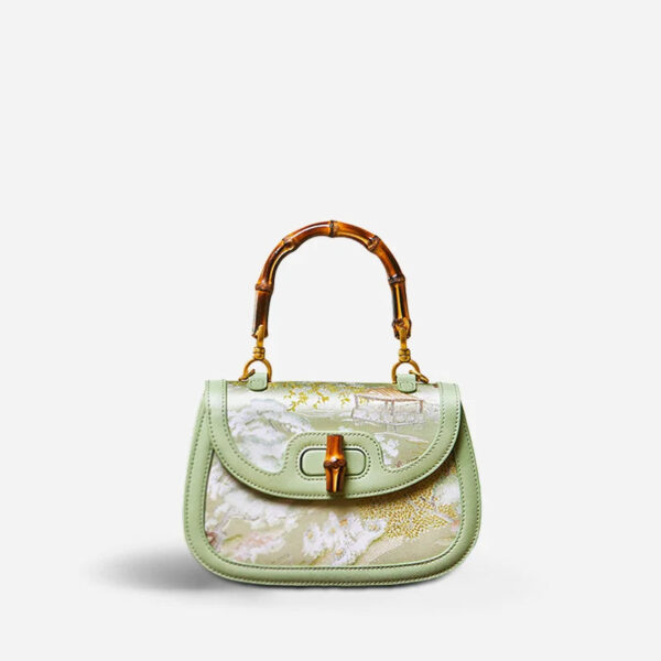 Chinese Painting Mulberry Silk GreenBamboo Handle Handbag