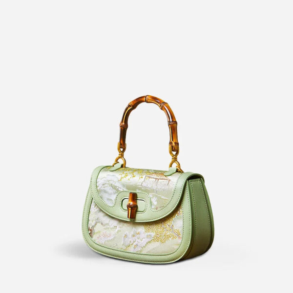 Chinese Painting Mulberry Silk GreenBamboo Handle Handbag - Image 2