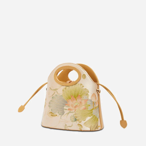 Printed Jacquard Lotus Khaki Drawstring Bucket Bag - Image 11