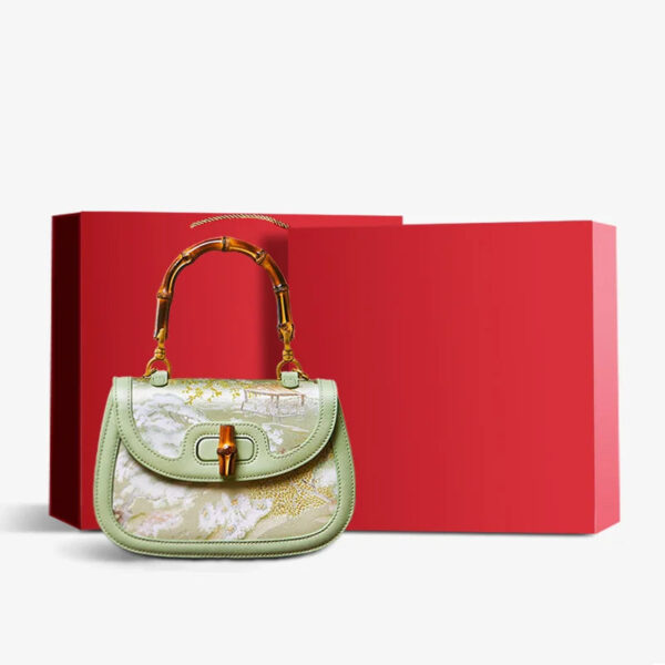 Chinese Painting Mulberry Silk GreenBamboo Handle Handbag - Image 12