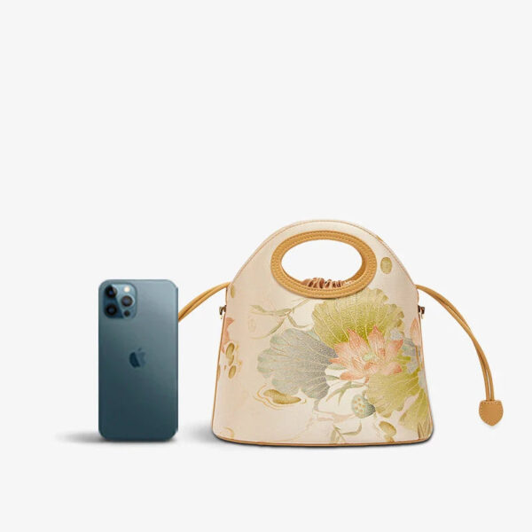 Printed Jacquard Lotus Khaki Drawstring Bucket Bag - Image 10