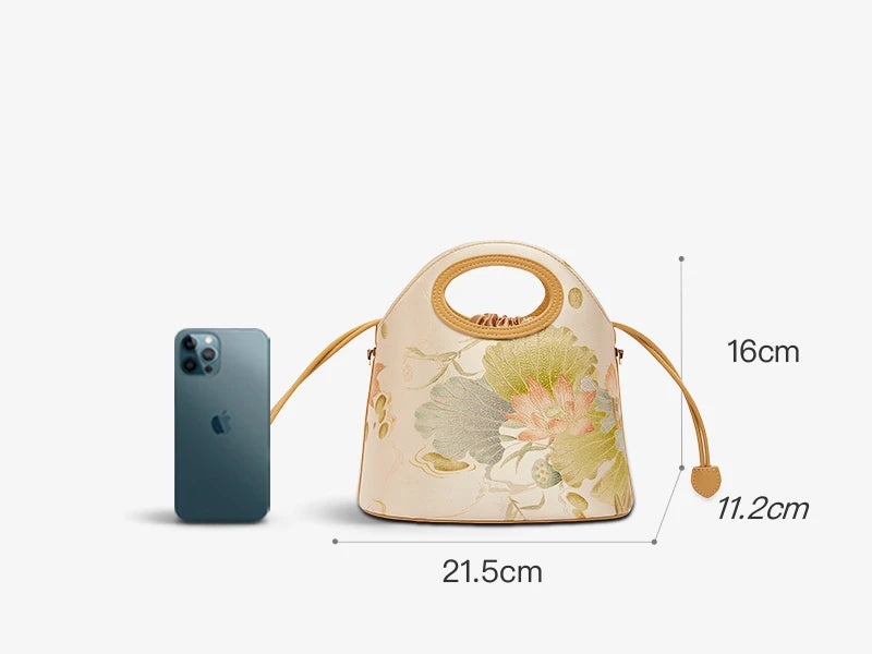 Printed Jacquard Lotus Khaki Drawstring Bucket Bag LD120670
