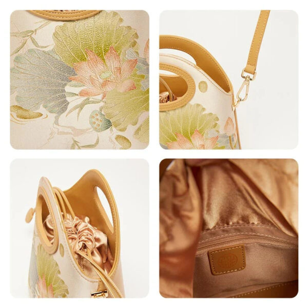 Printed Jacquard Lotus Khaki Drawstring Bucket Bag - Image 8