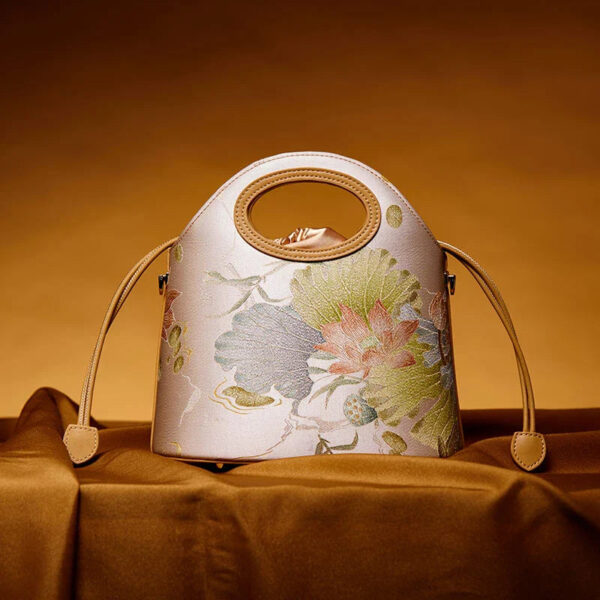 Printed Jacquard Lotus Khaki Drawstring Bucket Bag - Image 7