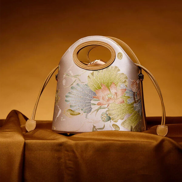 Printed Jacquard Lotus Khaki Drawstring Bucket Bag - Image 6