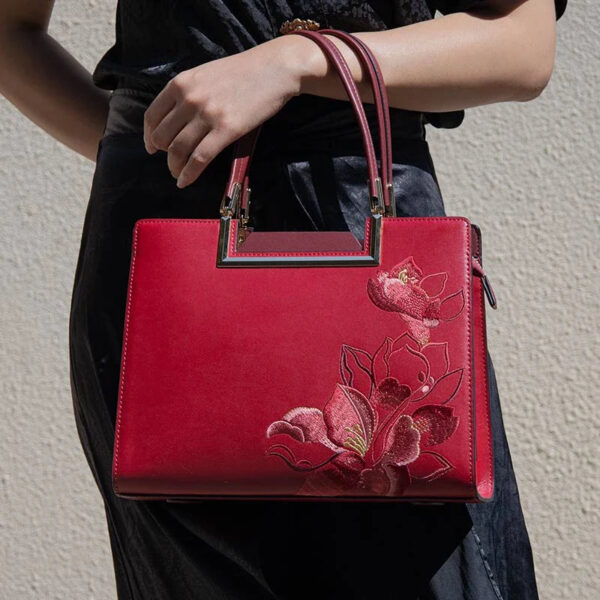 Embroidery Leather Red Tote Bag Magnolia Women's Handbag - Image 2