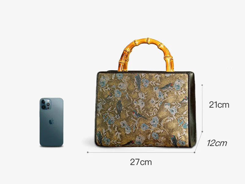 Song Brocade Bamboo Handle Tote Bag Birds and Flowers Luxury Handbag