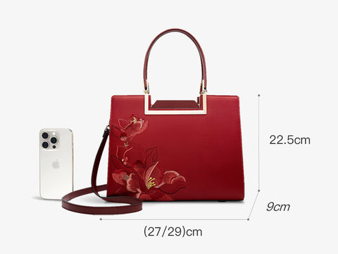 Embroidery Leather Red Tote Bag Magnolia Women's Handbag