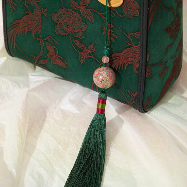 Xiangyunsha Silk Green Retro Cowhide Handbag with Pendant - Image 7