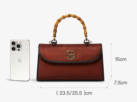Xiangyunsha Silk Bamboo Handle Brwon Handbag