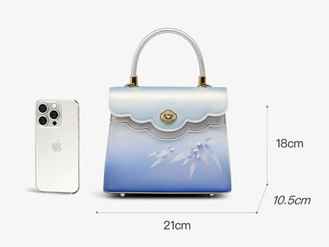 Embroidery Leather Blue Tote Bag Bamboo Elegant Handbag