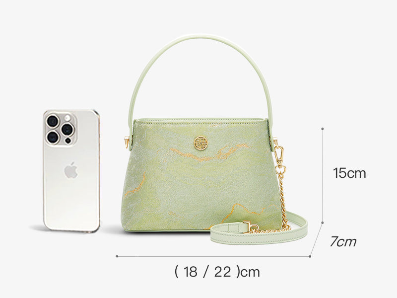 Brocade Pearl Handle Green Bucket Bag Elegant Handbag