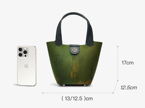 Xiangyunsha Silk Dark Green Bucket Bag with Scarf