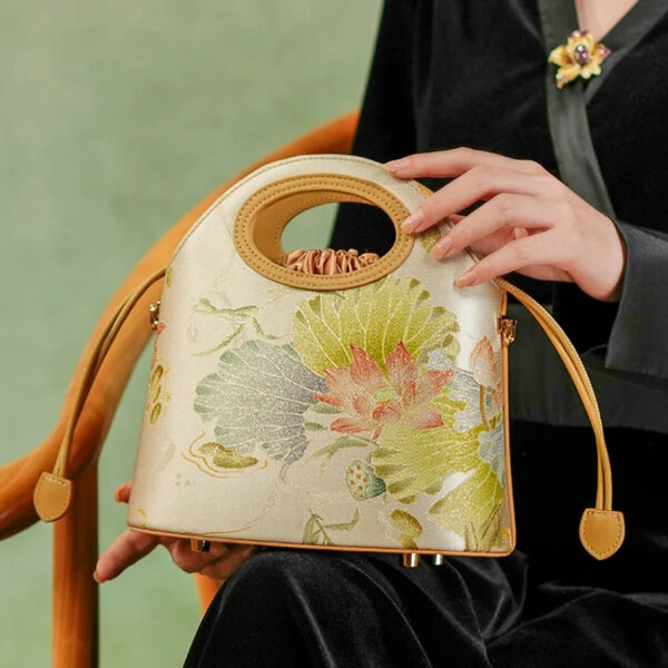 Printed Jacquard Lotus Khaki Drawstring Bucket Bag - Image 2