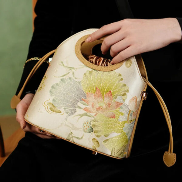 Printed Jacquard Lotus Khaki Drawstring Bucket Bag - Image 4