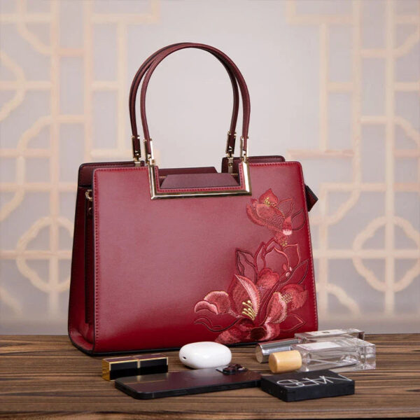 Embroidery Leather Red Tote Bag Magnolia Women's Handbag - Image 5