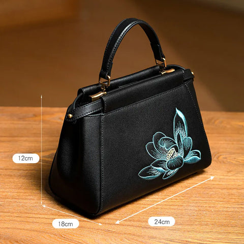 Embroidery Leather Mini Bag Black Lotus Handbag