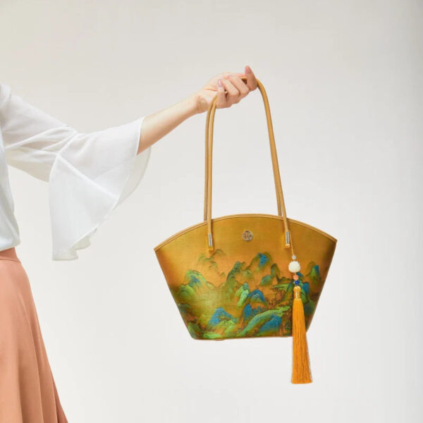 Chinese Painting Mulberry Silk Tote Bag Green Women Handbag - Image 4