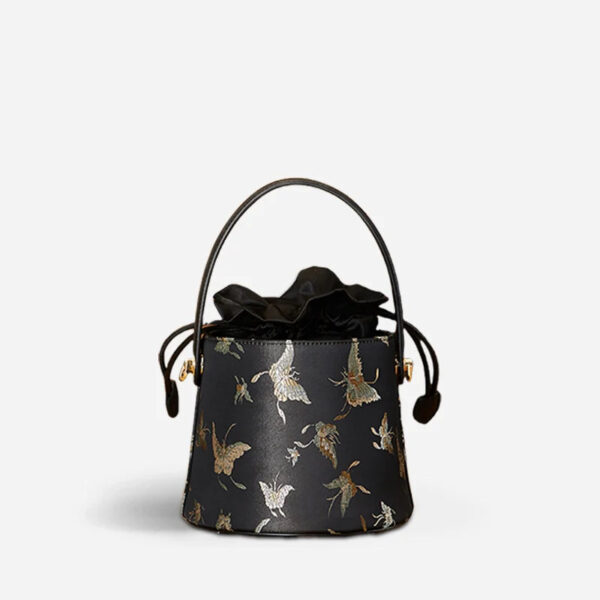 Brocade Black Bucket Bag Designer Butterfly Handbag