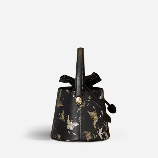 Brocade Black Bucket Bag Designer Butterfly Handbag - Image 12