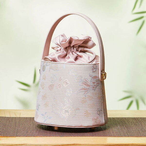 Brocade Jacquard Leather Drawstring Bucket Bag - Image 3