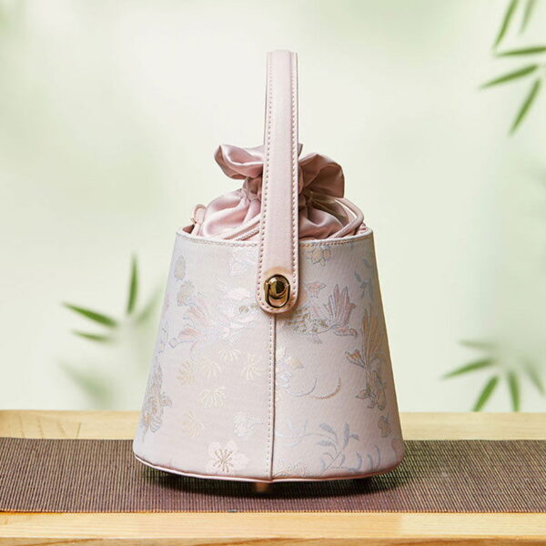 Brocade Jacquard Leather Drawstring Bucket Bag - Image 4