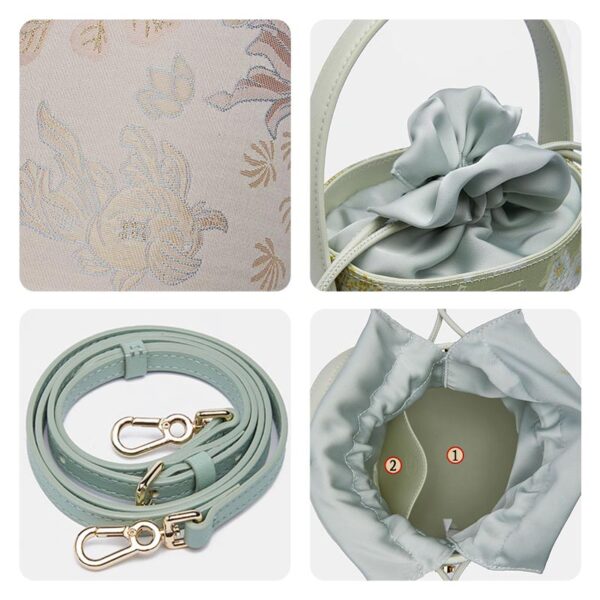 Brocade Jacquard Leather Drawstring Bucket Bag - Image 6