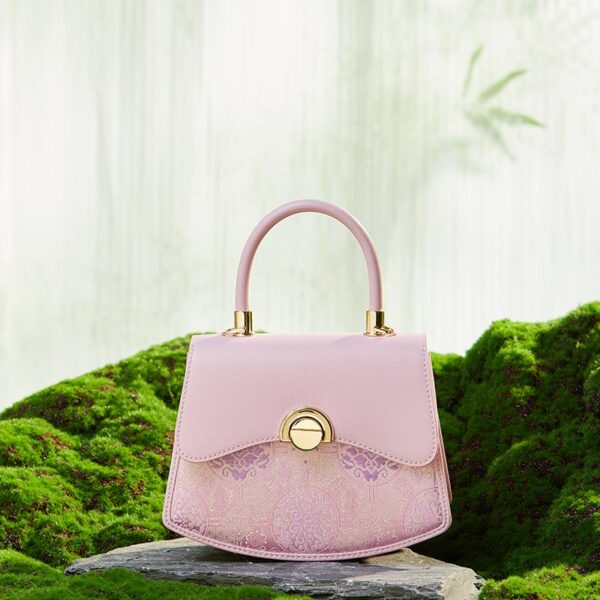 Brocade Mulberry Silk Bag Pink Floral Designer Handbag - Image 2
