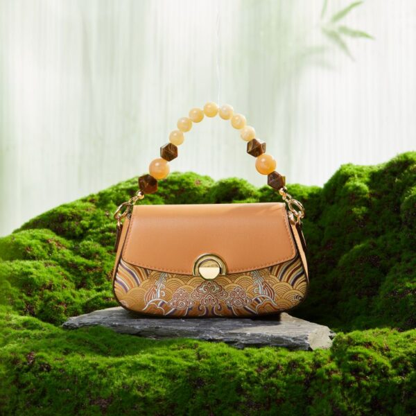 Brocade  Mulberry Silk Brown Chain Mini Women Handbag - Image 4