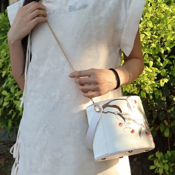 Handcraft Embroidery Drawstring Bucket Bag Lychee - Image 3