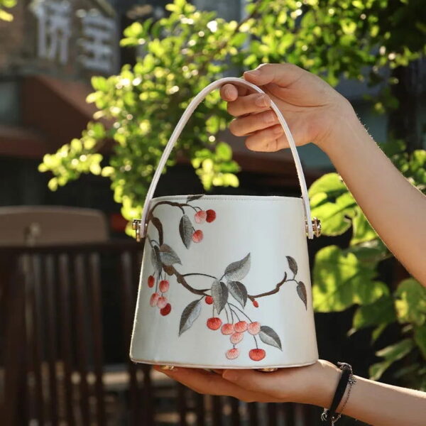 Handcraft Embroidery Drawstring Bucket Bag Lychee - Image 4