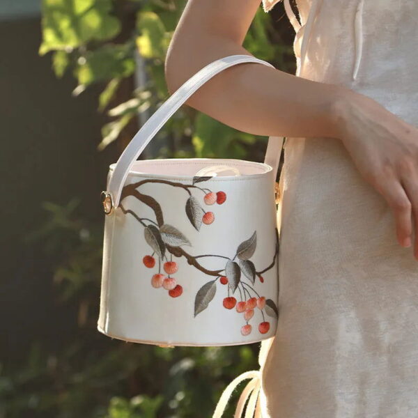 Handcraft Embroidery Drawstring Bucket Bag Lychee - Image 5