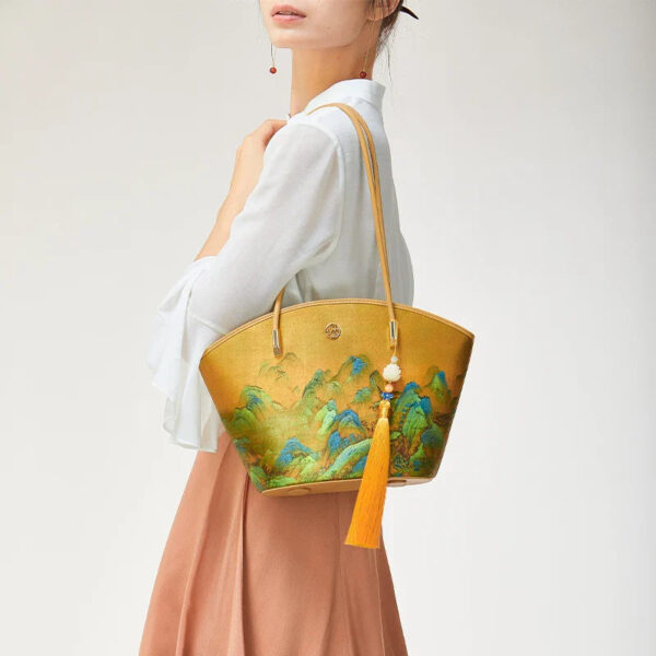 Chinese Painting Mulberry Silk Tote Bag Green Women Handbag - Image 2