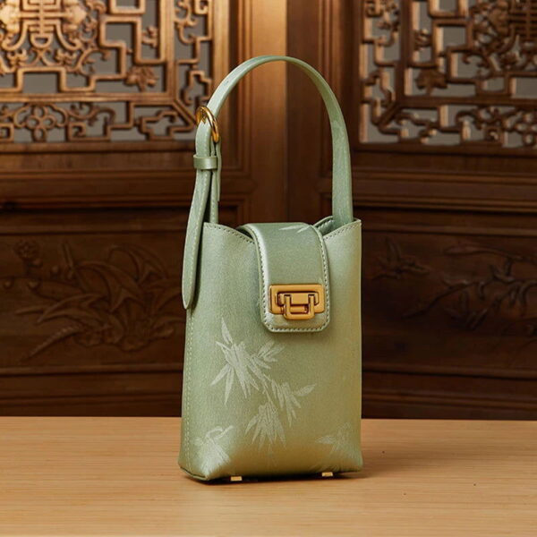 Embossed Leather Green Bamboo Leaf Phone Bag - Image 3