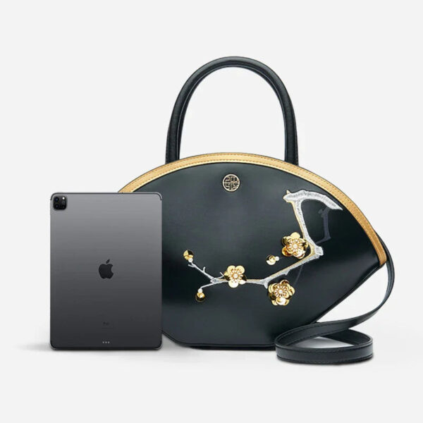 Embroidery Leather Black Basket Handbag 3D Peach Blossom - Image 10