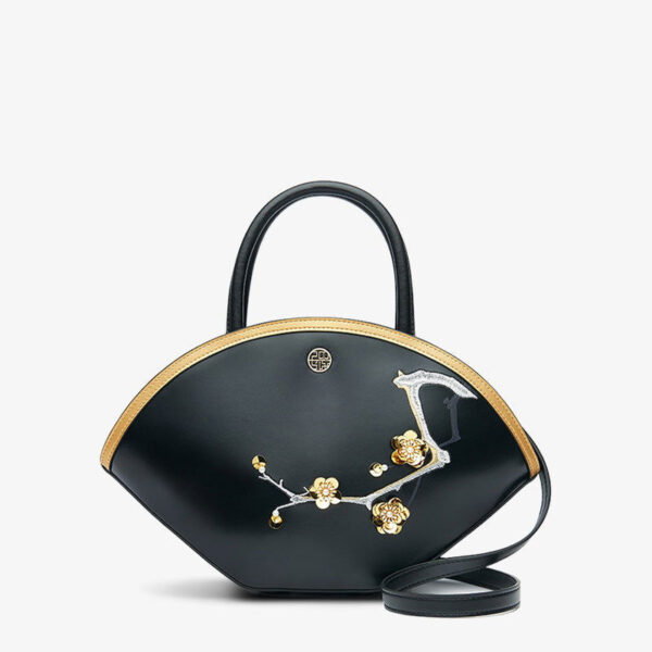 Embroidery Leather Black Basket Handbag 3D Peach Blossom