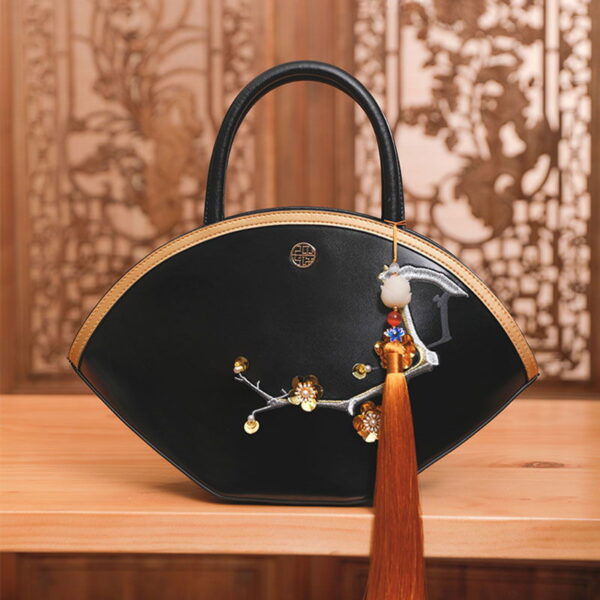 Embroidery Leather Black Basket Handbag 3D Peach Blossom - Image 2