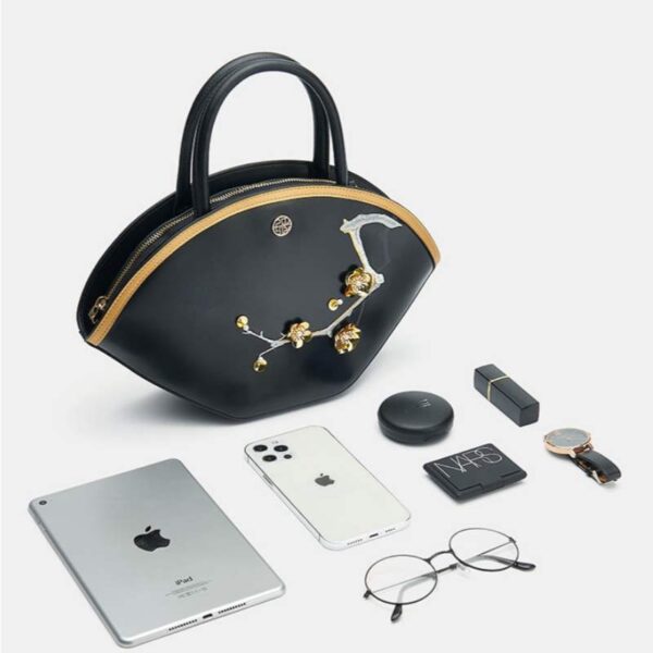 Embroidery Leather Black Basket Handbag 3D Peach Blossom - Image 9