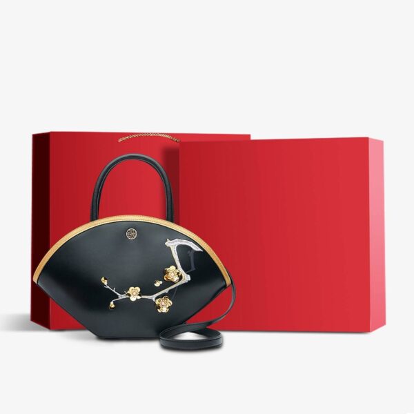 Embroidery Leather Black Basket Handbag 3D Peach Blossom - Image 11