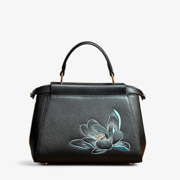 Embroidery Leather Mini Bag Black Lotus Handbag