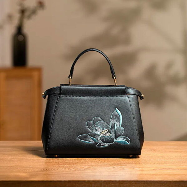 Embroidery Leather Mini Bag Black Lotus Handbag - Image 2