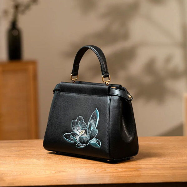 Embroidery Leather Mini Bag Black Lotus Handbag - Image 3