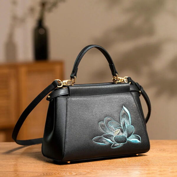 Embroidery Leather Mini Bag Black Lotus Handbag - Image 4