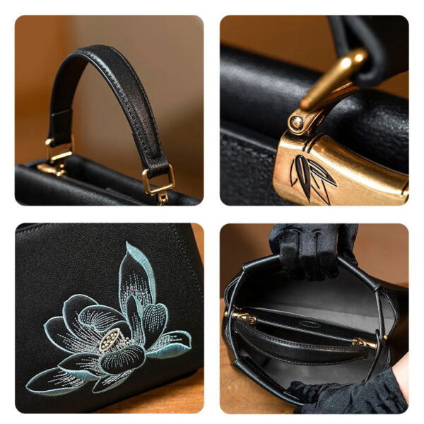 Embroidery Leather Mini Bag Black Lotus Handbag - Image 7