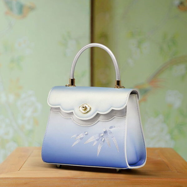 Embroidery Leather  Blue Tote Bag Bamboo Elegant Handbag - Image 7