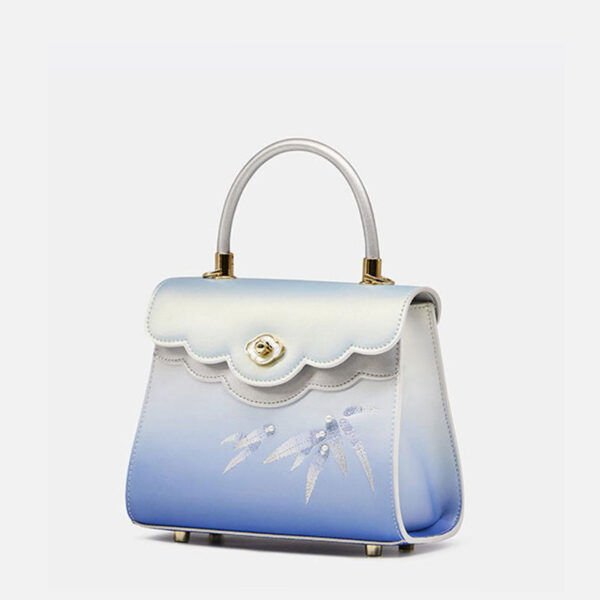 Embroidery Leather  Blue Tote Bag Bamboo Elegant Handbag - Image 8