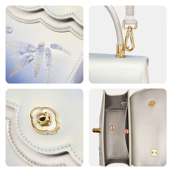 Embroidery Leather  Blue Tote Bag Bamboo Elegant Handbag - Image 9