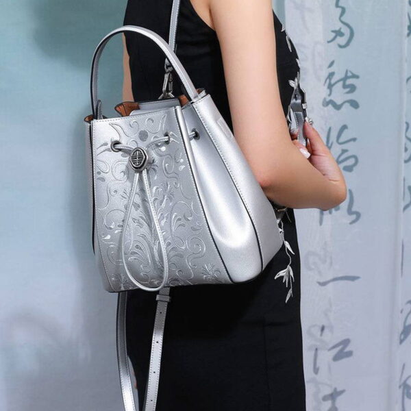 Embroidery Leather Bucket Backpack Cloisonné Phoenix Crown - Image 3